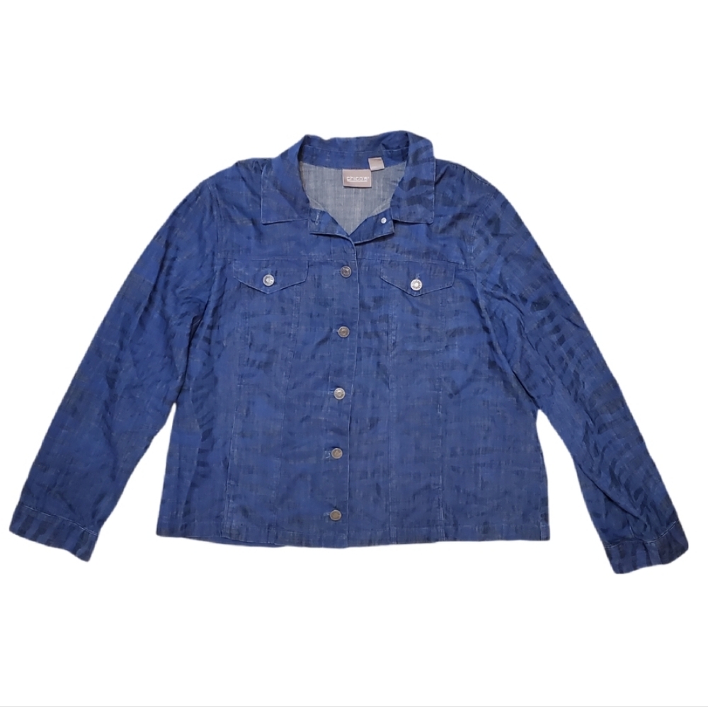 Chico's Blue Zebra Print Button Down Shirt‎ Jacket Size 3- XL